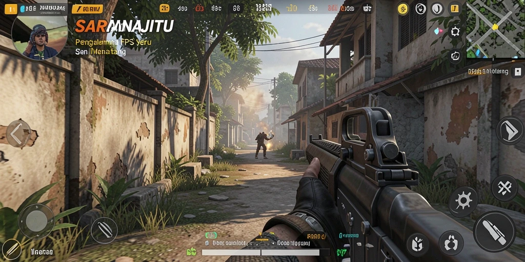 Screenshot gameplay SARANAJITU yang menampilkan aksi FPS yang intens.