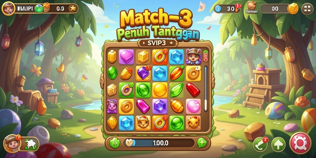 Tangkapan layar gameplay SVIP3 menampilkan momen mencocokkan permata yang seru.